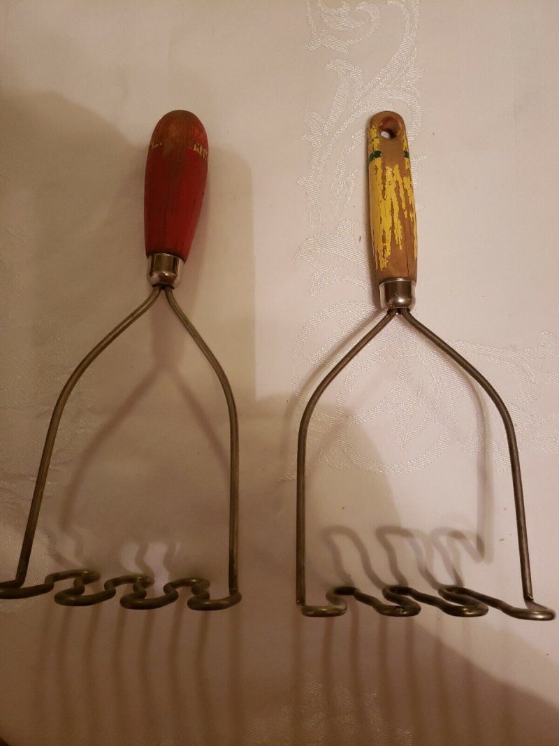 2 Vintage Wire Potato Masher Wood Handle Yellow/Green Stripe Red/White