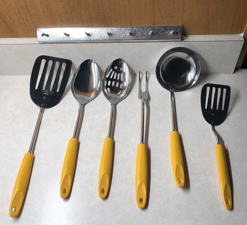 7 Piece Ekco Yellow Utensil Set  With Mount MCM New Rare Genuine