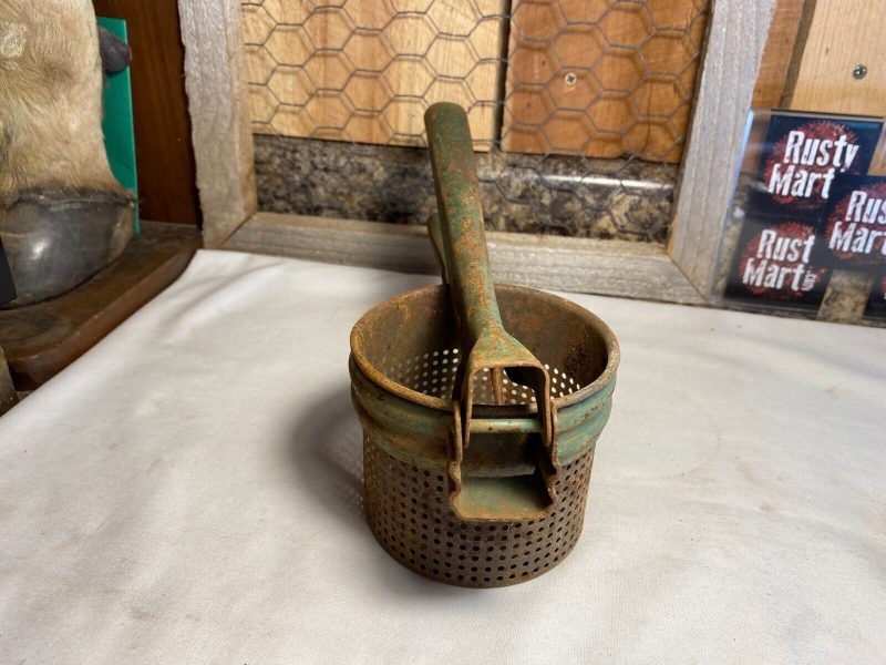 Antique Mid Century Green Metal Hand Held Potato Masher Ricer Press