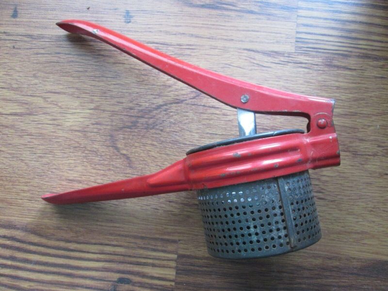 Antique Vintage Hand Held Red Fruit Juicer, Potato Ricer, Masher, Apple Press