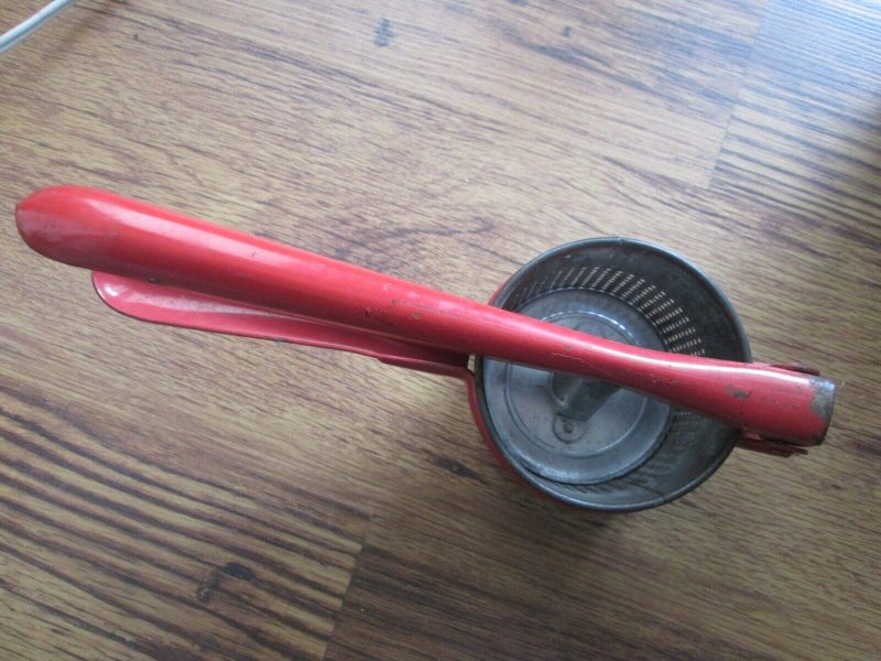 Antique Vintage Hand Held Red Fruit Juicer, Potato Ricer, Masher, Apple Press