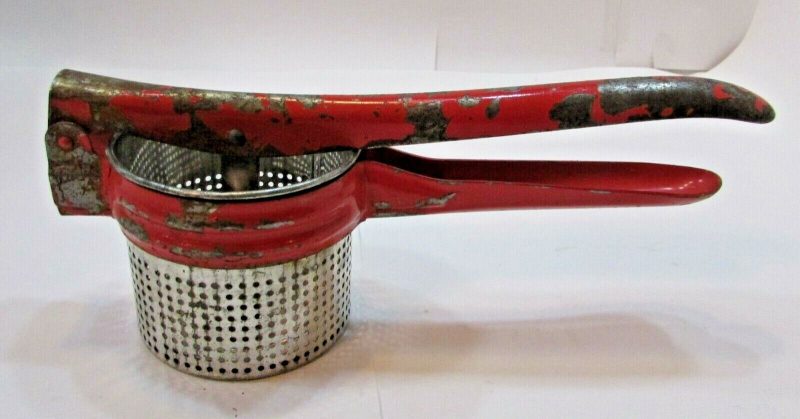 Primitive Old 1920's Red Handle Steel Potato Ricer Antique Kitchen Utensil