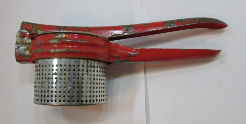 Primitive Old 1920's Red Handle Steel Potato Ricer Antique Kitchen Utensil