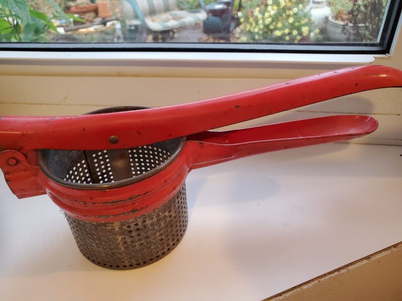 Vintage 40's-50's Metal Potato Ricer Red Handle Frame Masher Strainer Farmhouse