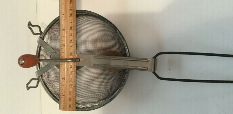 VINTAGE AJAX  A & J RARE KITCHEN UTENSIL STRAINER SIEVE w wooden handle and ball