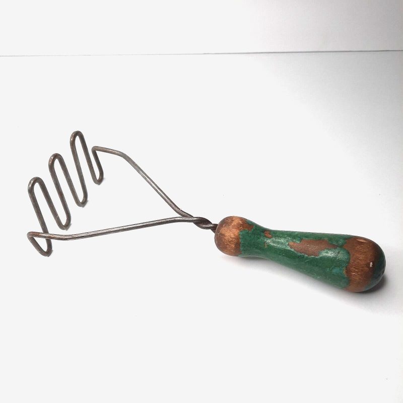 Vintage Chippy Green Wooden Handle Potatoe Masher Old Kitchen Utensils #1