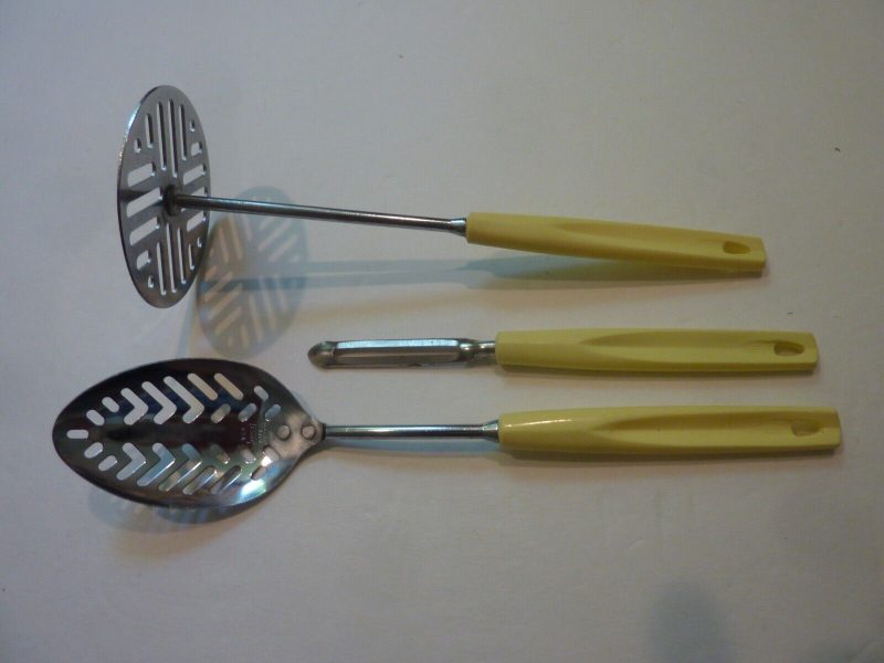 Vintage Ekco Forge 3pc Stainless Potato Masher/Ricer, Peeler and Slotted Spoon