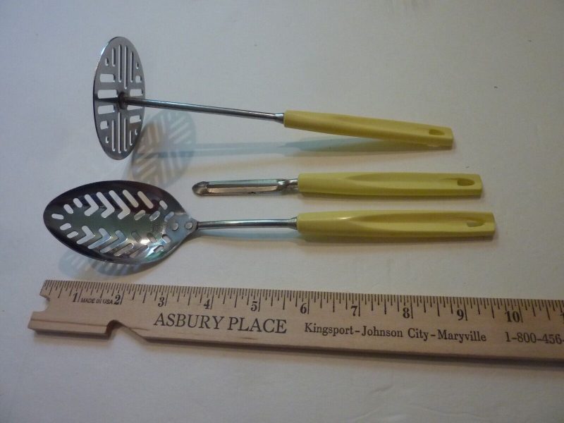 Vintage Ekco Forge 3pc Stainless Potato Masher/Ricer, Peeler and Slotted Spoon