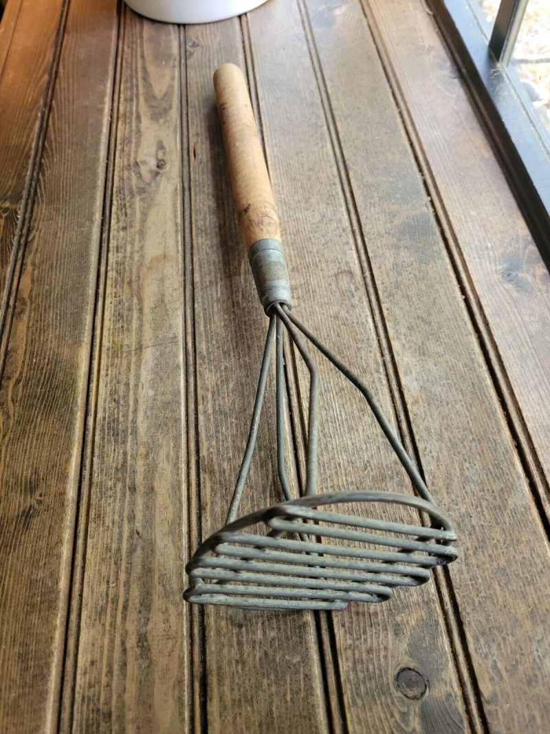 Vintage Farmhouse Potato Masher Metal With Wooden Handle 18” Long Primitive