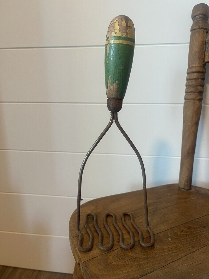 Vintage Green and White Wooden Handle Potato Masher