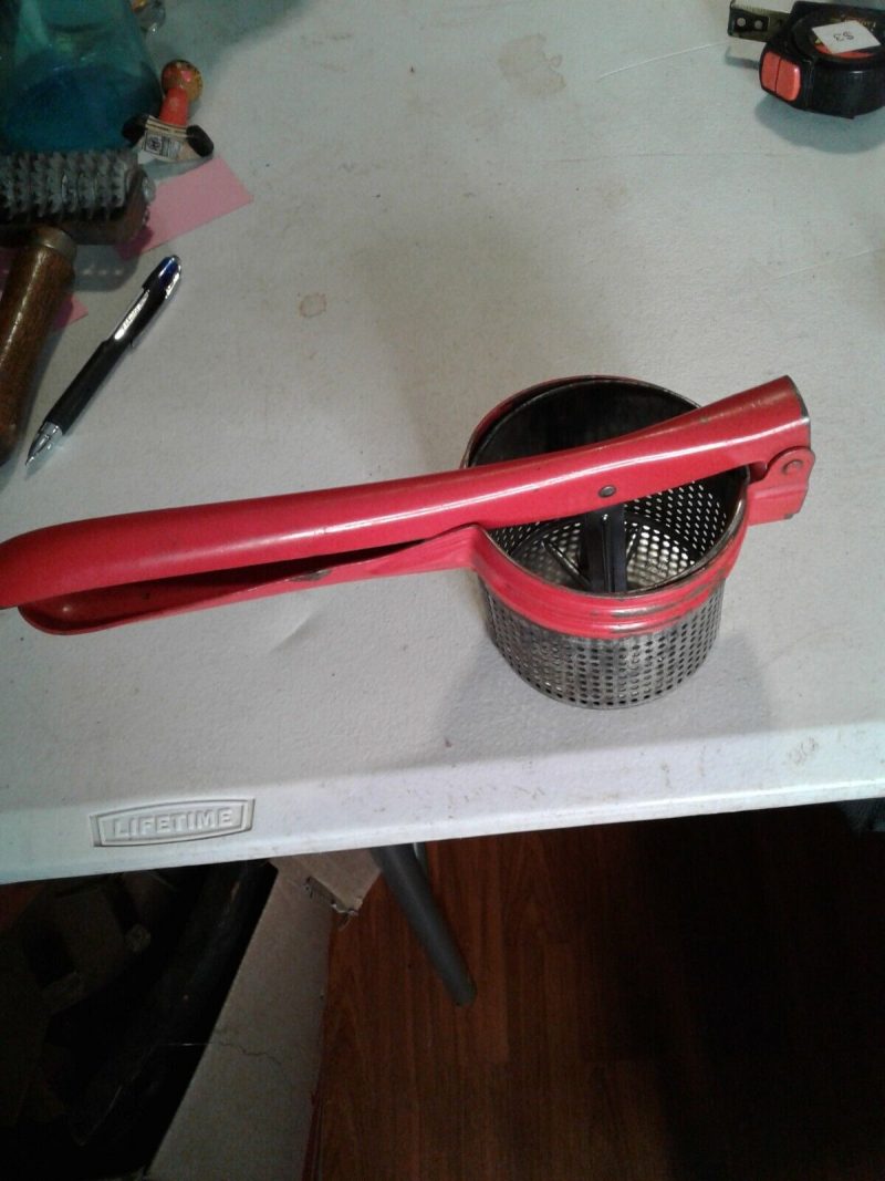 Vintage Metal Potato Ricer Red Handle Masher Strainer Kitchen Utensil Farmhouse