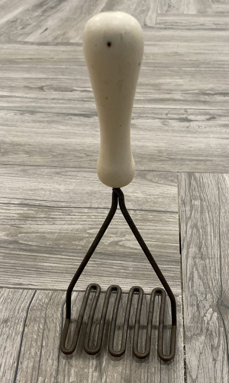 Vintage Potato Masher with White Wooden Handle