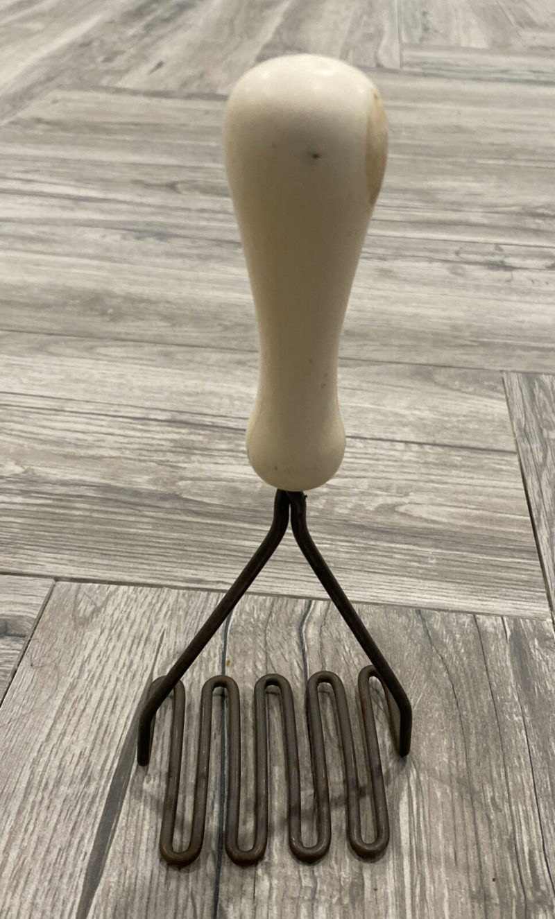 Vintage Potato Masher with White Wooden Handle