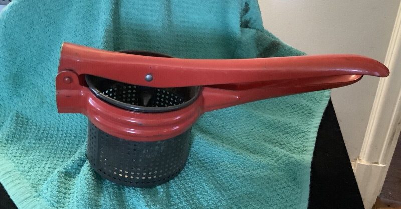 Vintage Potato Ricer Food Press Juicer Red Metal Handle 1950's Antique