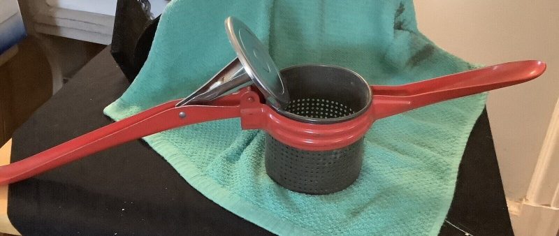 Vintage Potato Ricer Food Press Juicer Red Metal Handle 1950's Antique