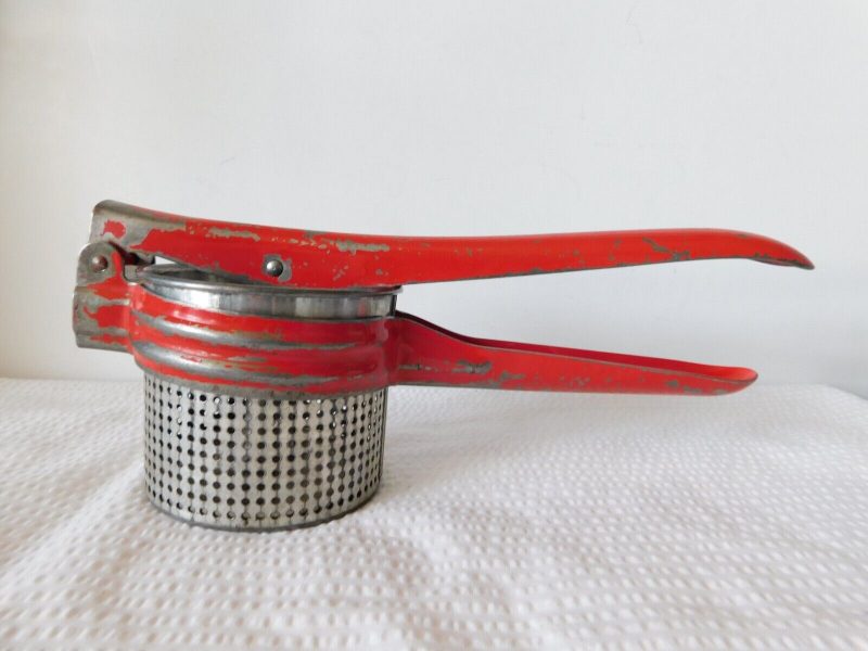 Vintage Red Handled Metal Potato Ricer Masher Strainer Kitchen Utensil Farmhouse