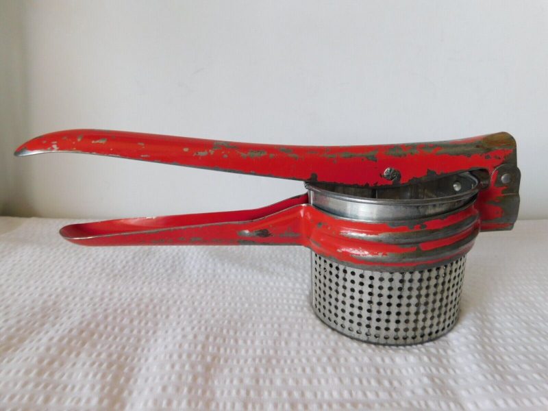 Vintage Red Handled Metal Potato Ricer Masher Strainer Kitchen Utensil Farmhouse