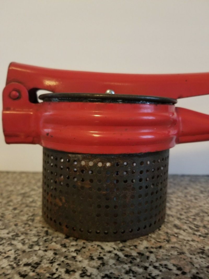 Vintage Red Metal Potato Ricer Masher Press Kitchen Utensil Rustic