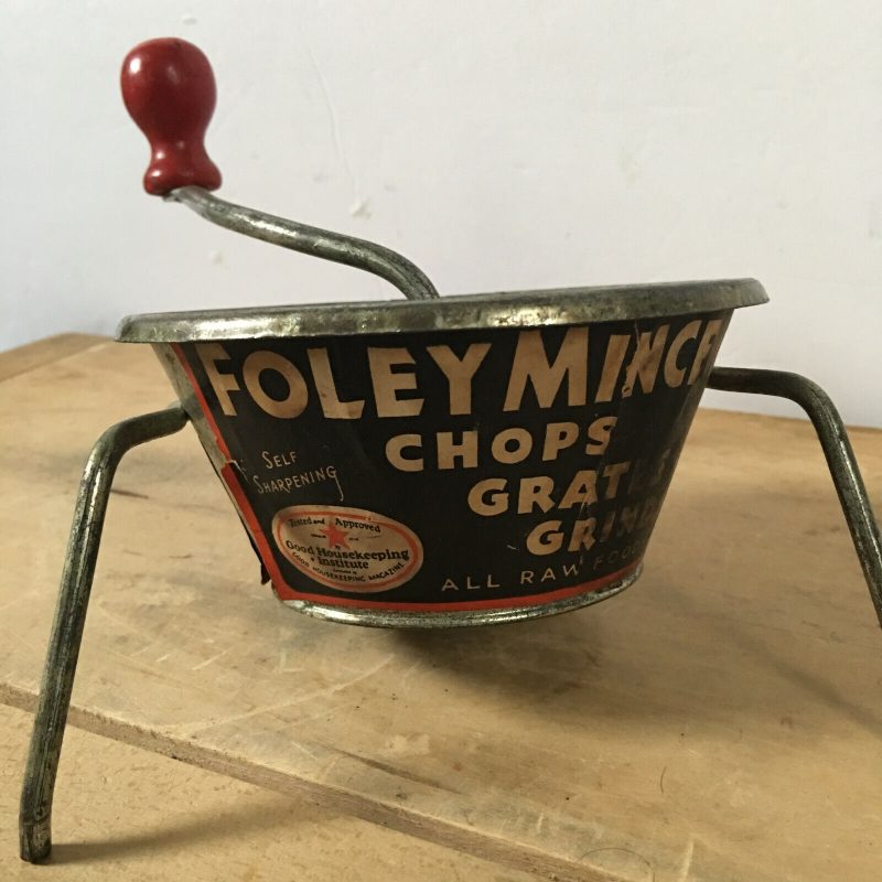 Vintage Red Painted Handles Foley Food Mincer Chops Grates Grinds With Label