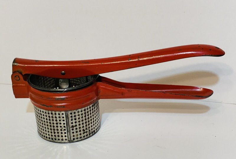 VINTAGE RICER POTATO MASHER with RED HANDLE KITCHEN UTENSIL