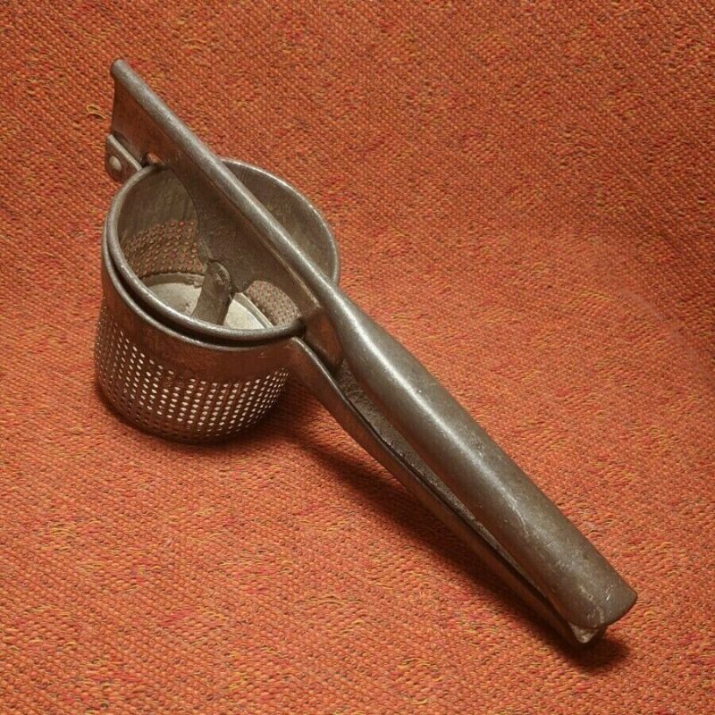 Vintage Universal Metal Potato Masher Ricer Strainer  Paintless Handle & Drum 