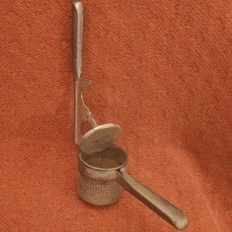 Vintage Universal Metal Potato Masher Ricer Strainer  Paintless Handle & Drum 