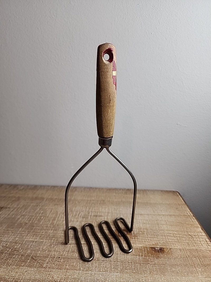 Wood Handle Potato Masher Vintage Kitchen Tool 10 Inch Farmhouse Red Handle